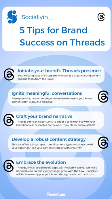 blue background with snippets explaining the 5 tips for brand success on threads 