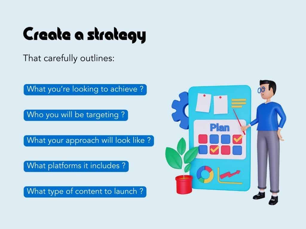Create a strategy that outlines your goals, target audience, approach, platforms, and content planning.