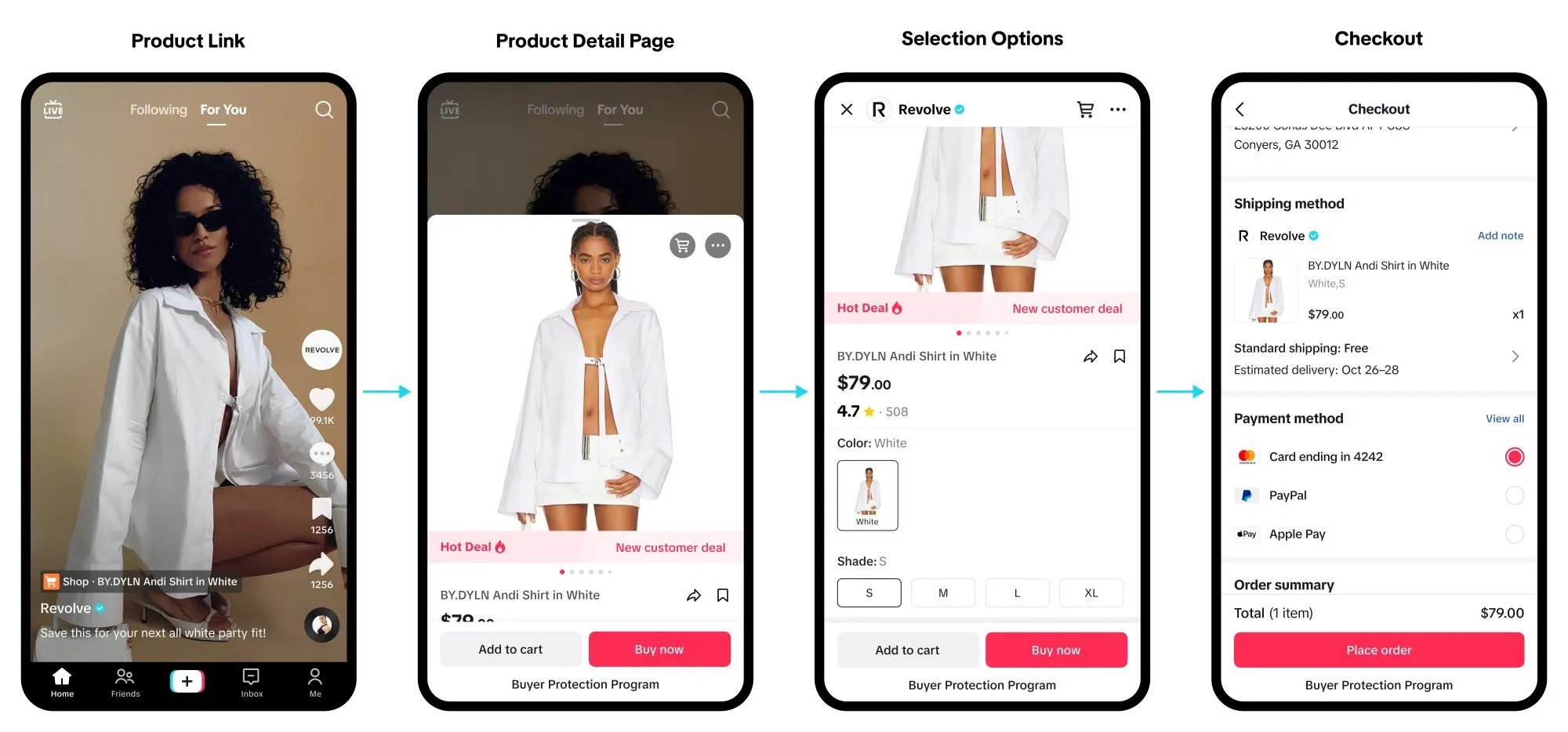 Immagine del negozio TikTok che include collegamento al prodotto, pagina dei dettagli del prodotto, opzioni di selezione, pagamento
