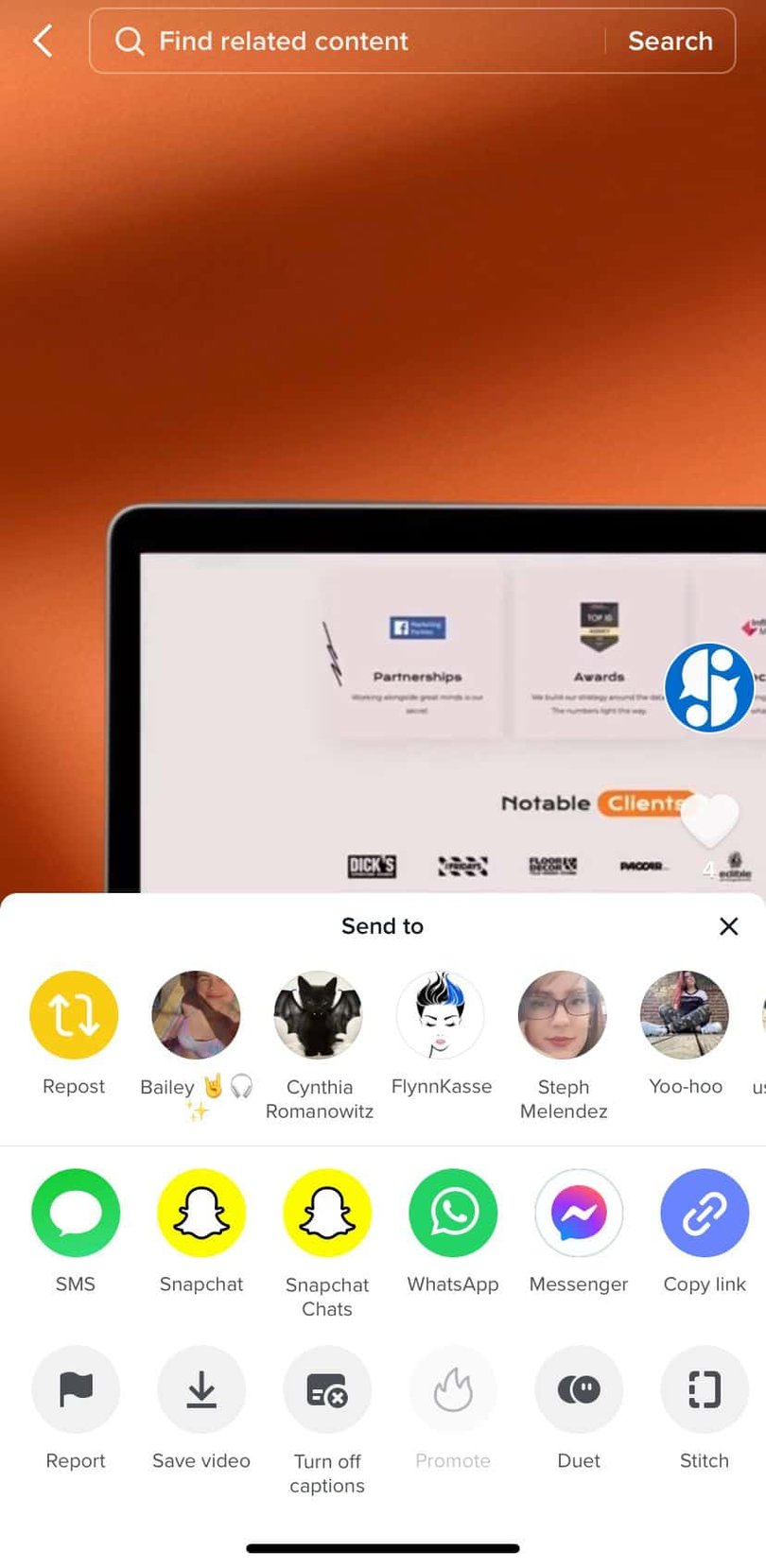 Screenshot of a video in the TikTok app. There are logos for social networks, contact names and a repost button on the bottom half of the screen. A laptop with vertical pictures on it and an orange background. 