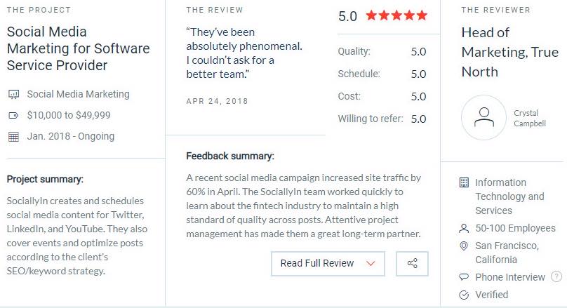 A screenshot of several Sociallyin client reviews that can be read on our Clutch profile.