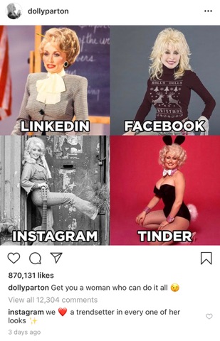 Another meme example showing Dolly Parton on 4 different social media platforms.